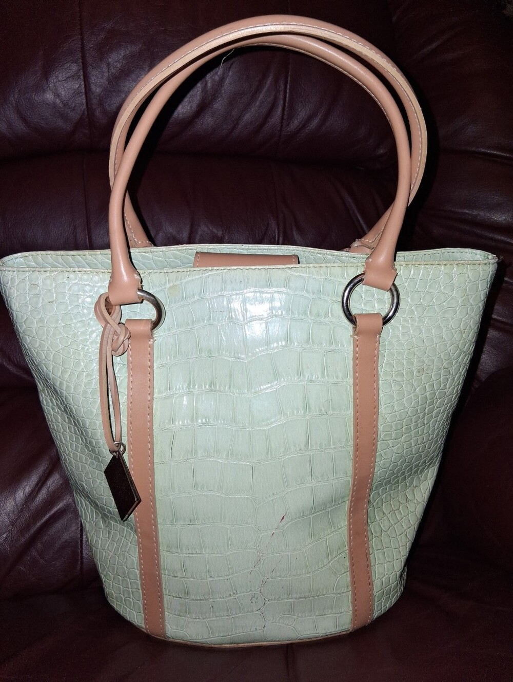 BCBG Girls baby blue Croc-Embossed Tote w/ Tan Trim. A must have for any seri
